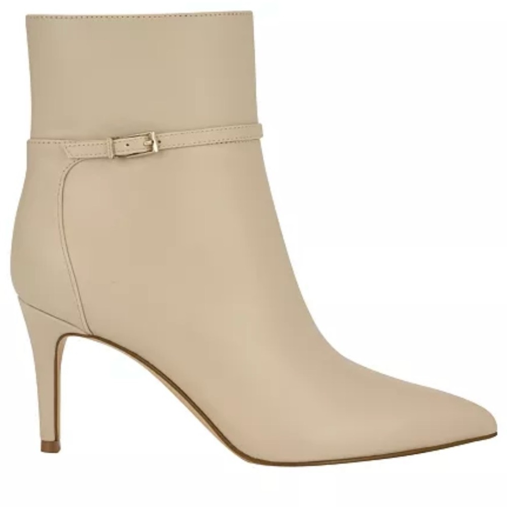 Women's Beige Leather Ankle Boot with Buckle Detail